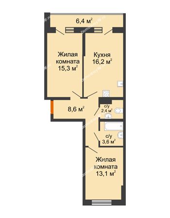 2 комнатная квартира 62,4 м² в ЖК Самолет, дом 2 очередь - Литер 1