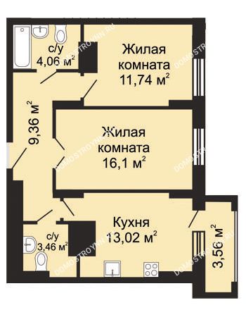 2 комнатная квартира 59,52 м² - ЖК Гелиос