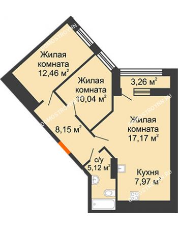 2 комнатная квартира 62,54 м² в ЖК Дом на Набережной, дом № 1