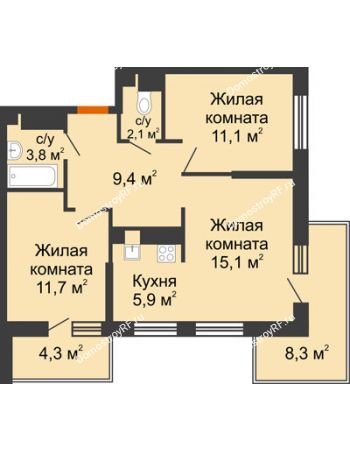 2 комнатная квартира 59,1 м² в ЖК Отражение, дом Литер 1.2