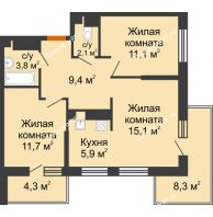 2 комнатная квартира 62,9 м² в ЖК Отражение, дом Литер 2.2 - планировка
