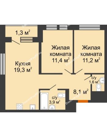2 комнатная квартира 56,8 м² в ЖК Озерный парк, дом Корпус 5.1