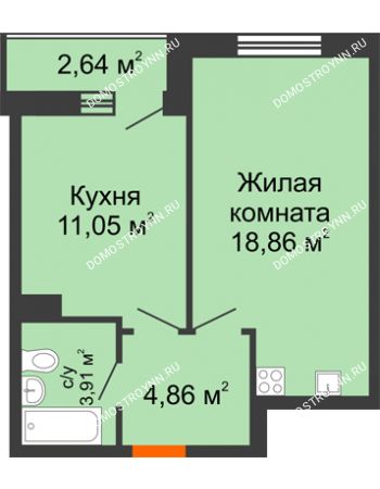 1 комнатная квартира 41,32 м² - ЖК Комарово