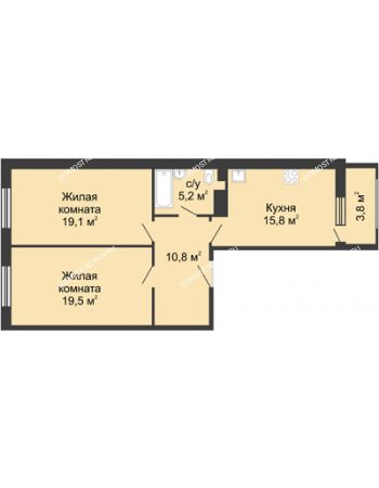 2 комнатная квартира 72,3 м² в ЖК Сердце Нижнего, дом № 35