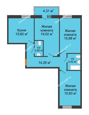 3 комнатная квартира 90 м² в ЖК Боярский двор, дом 2 очередь