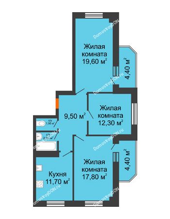 3 комнатная квартира 84,4 м² в ЖК Звездный-2, дом № 4
