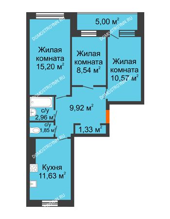 3 комнатная квартира 63,5 м² - ЖД по ул. Буденного