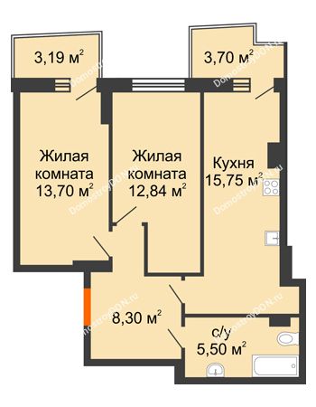2 комнатная квартира 58,16 м² в ЖК Сердце Ростова 2, дом Литер 2