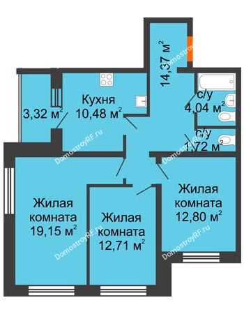 3 комнатная квартира 76,93 м² - ЖК Вавиловский Дворик