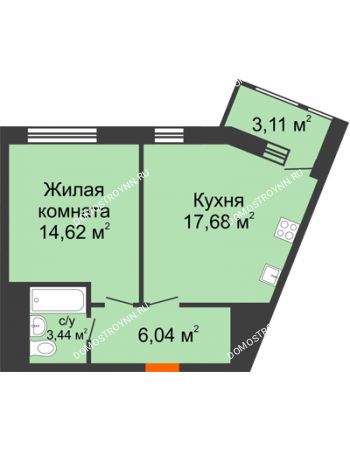 1 комнатная квартира 44,89 м² в ЖК Книги, дом № 1