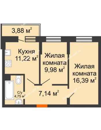 2 комнатная квартира 50,64 м² в ЖК Россинский парк, дом Литер 1
