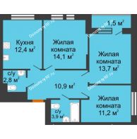 3 комнатная квартира 70,5 м² в ЖК Озерный парк, дом Корпус 5.1 - планировка