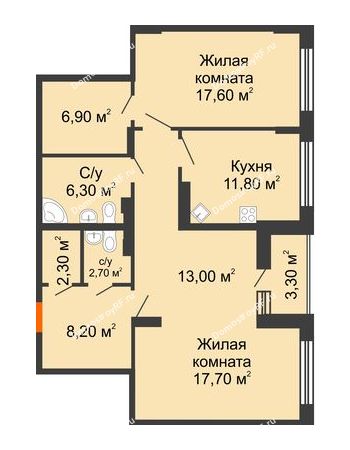2 комнатная квартира 93,1 м² в ЖК Высота, дом 4 позиция