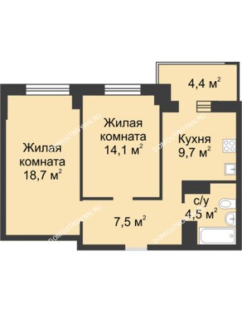 2 комнатная квартира 56,8 м² в ЖК Аквамарин, дом №2