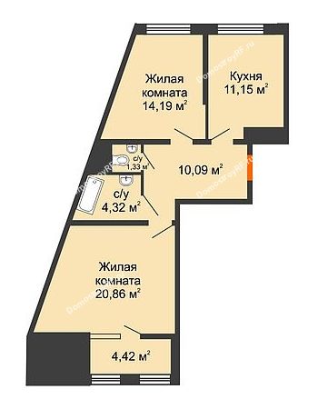 2 комнатная квартира 64,17 м² в ЖК Сердце, дом № 1
