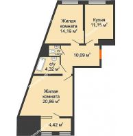 2 комнатная квартира 64,17 м² в ЖК Сердце, дом № 1 - планировка
