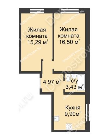 2 комнатная квартира 50,09 м² в ЖК Солнечный, дом № 161 А/1