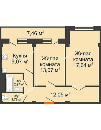 2 комнатная квартира 60,31 м² в ЖК Парковый, дом 6 позиция, блок-секция 3