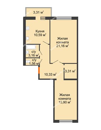 2 комнатная квартира 64,31 м² в ЖК Берег Дона, дом Позиция 2