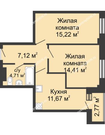 2 комнатная квартира 54,57 м² в ЖК Северные высотки, дом № 2
