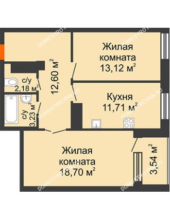 2 комнатная квартира 65,99 м² в ЖК Облака, дом № 2
