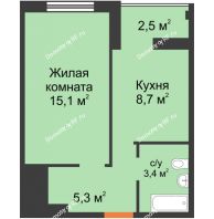 1 комнатная квартира 33,75 м² в ЖК На Ватутина, дом ГП 1.1,1.2,1.3 - планировка