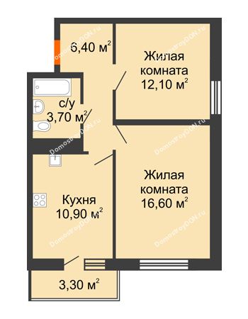 2 комнатная квартира 50,7 м² в ЖК SkyPark (Скайпарк), дом Литер 2, 3 этап