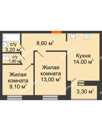 2 комнатная квартира 51,35 м² в ЖК Цветы, дом № 22-3