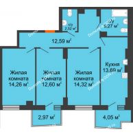 3 комнатная квартира 77,49 м² в ЖК Сердце Ростова 2, дом Литер 8 - планировка
