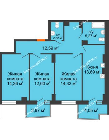 3 комнатная квартира 77,49 м² в ЖК Сердце Ростова 2, дом Литер 8